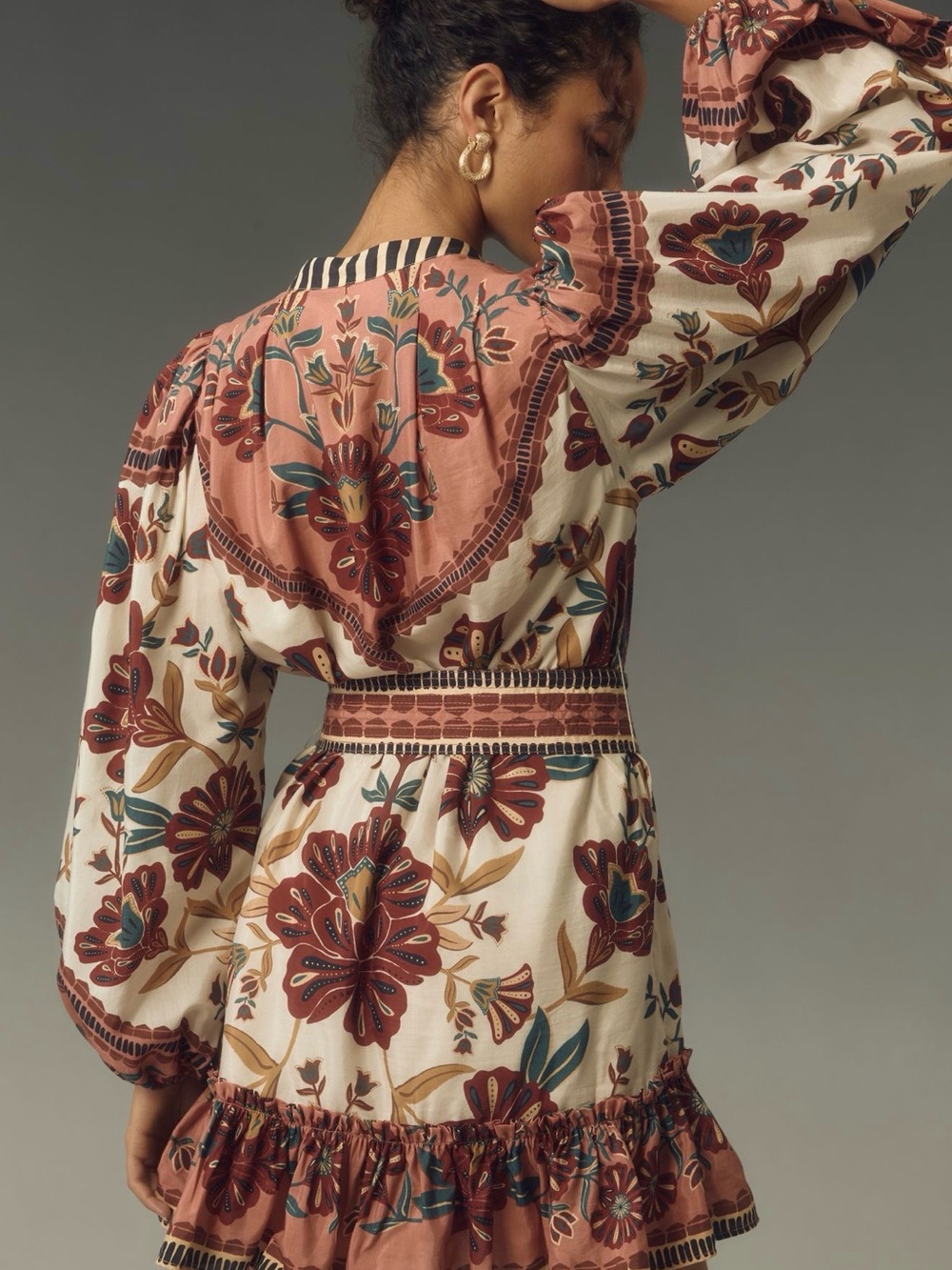 FARM Rio Terracotta, Cream & Teal Floral Long-Sleeve Mini Dress - Picture 2 of 7
